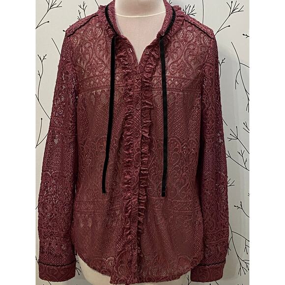 NEW IDEA Mauve Lace Button Up Blouse Black Velvet Trim / Bow XLARGE Whimsygoth - Picture 3 of 6